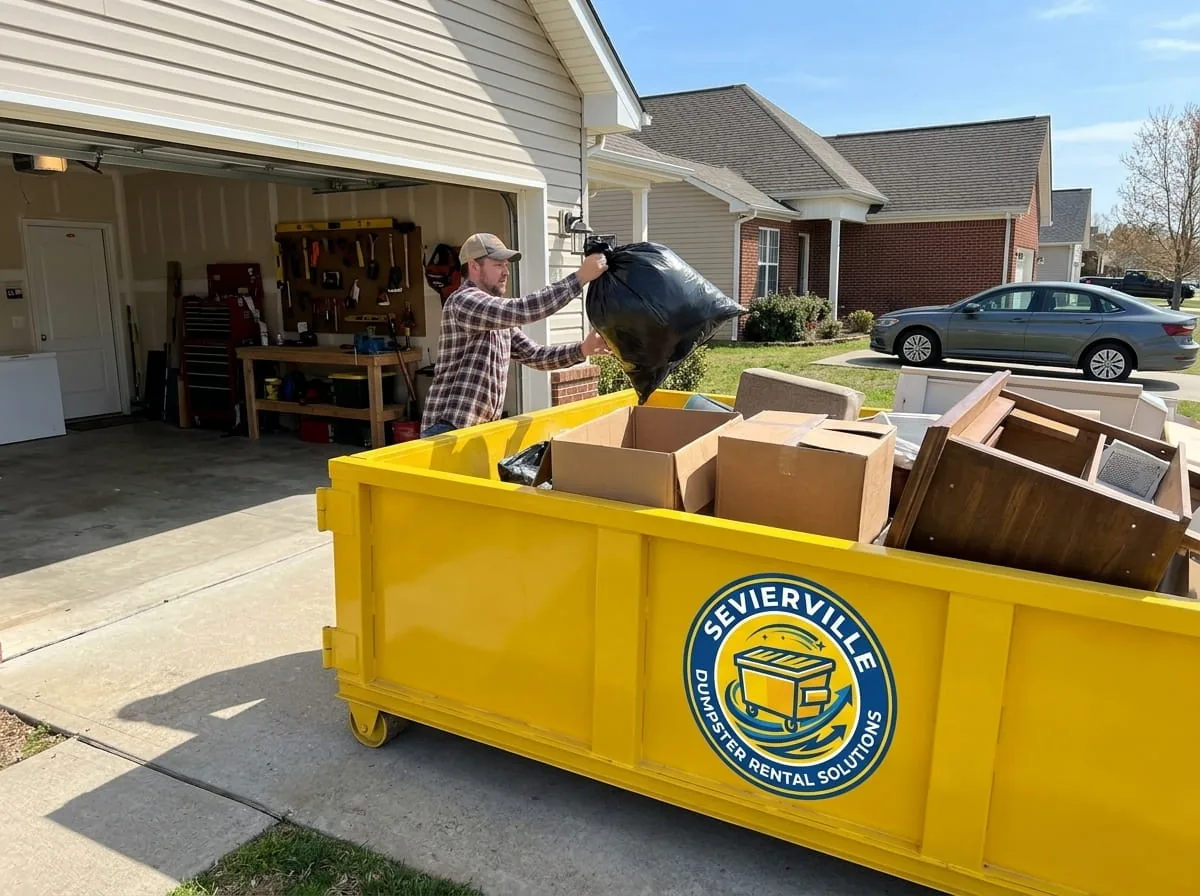 A roll-off dumpster placed on a private Sevierville driveway