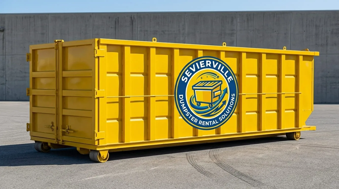 A roof tear-off in progress with a roll-off dumpster below in Sevierville